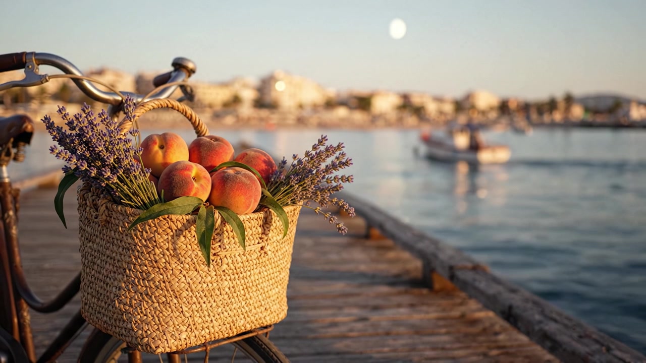 Un momento sereno al tramonto: una bicicletta vintage con un cesto di pesche fresche e lavanda in riva al tranquillo lungomare al crepuscolo, che cattura perfettamente la bellezza della natura.