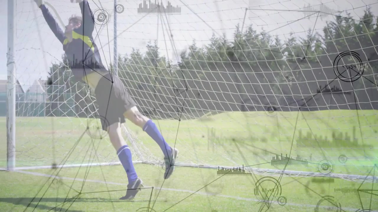 Male keeper watching offscreen soccer goal, shifting, leaping, attempting save, HUD tracking motion