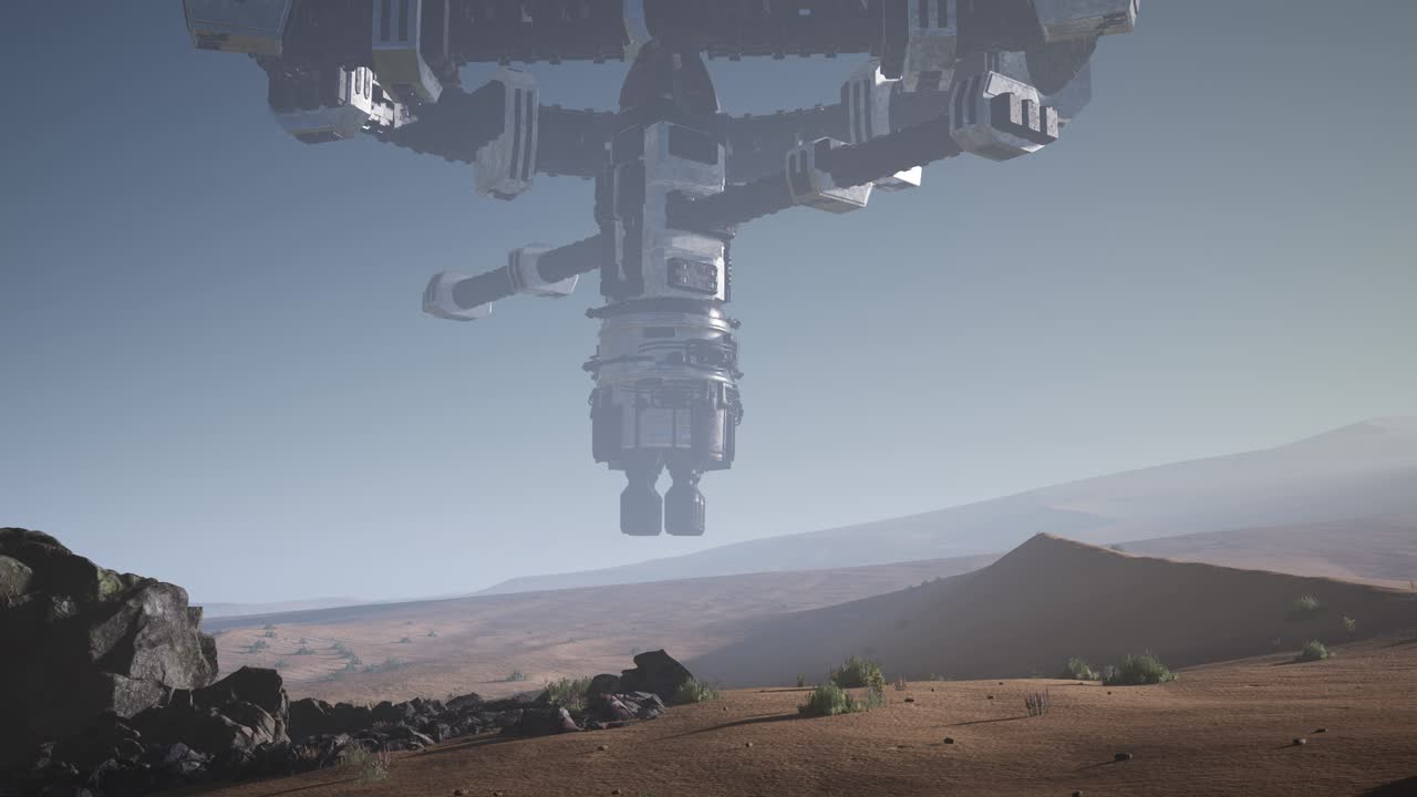 инопланетный космический корабль вращается над пустыней.