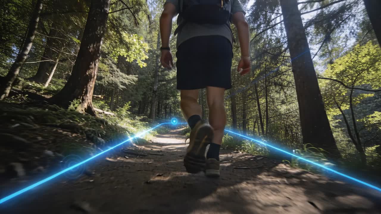 In risposta a un waypoint luminoso, un escursionista in maglietta e pantaloncini percorre un sentiero forestale seguendo le linee blu.