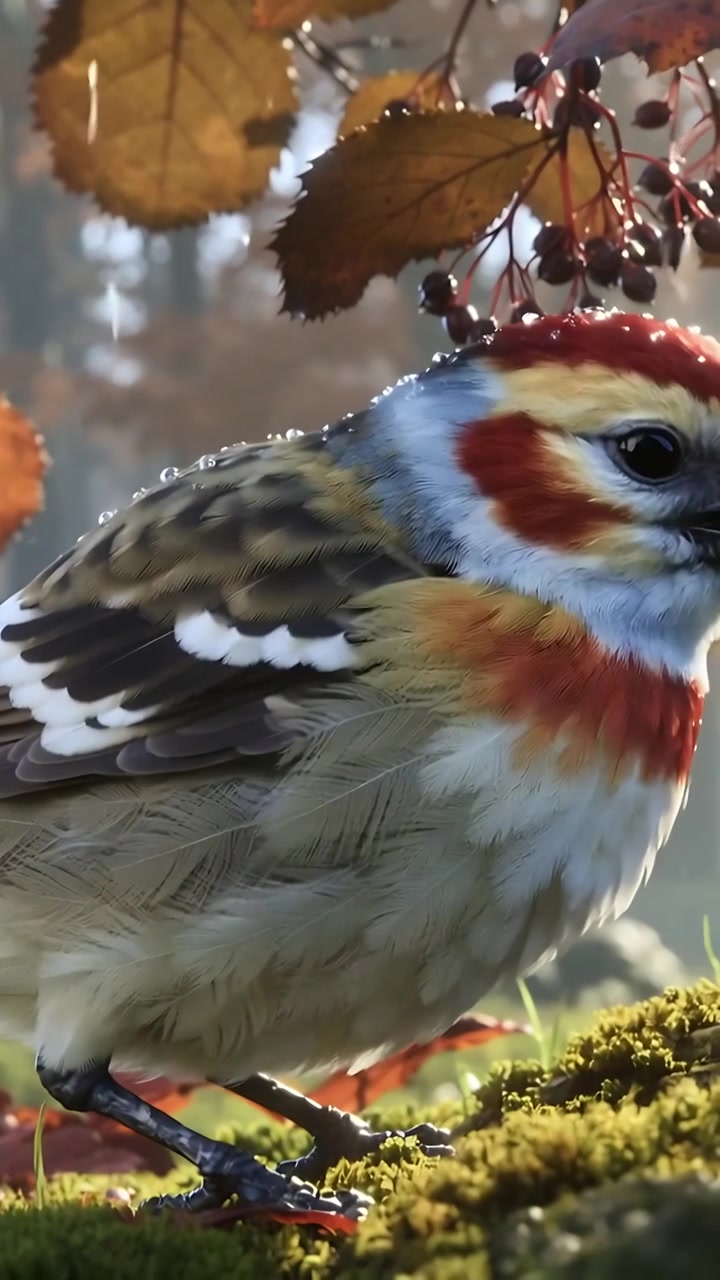Video verticale: Pioggerella che fa sì che l'uccello si pulisca le piume, girandosi, appoggiandosi sul muschio sotto le bacche, con goccioline che si formano.