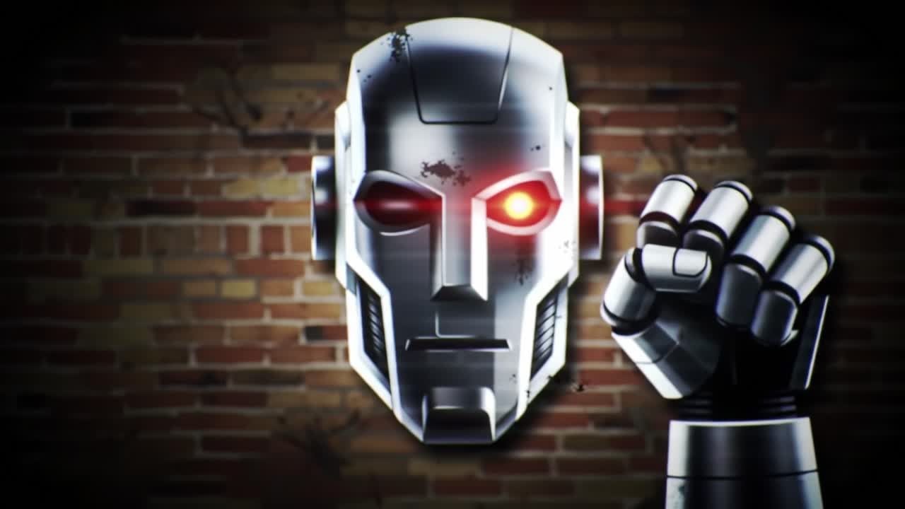 A metallic robotic visage with a glowing eye emerges dramatically, showcasing its formidable presence alongside a raised, clenched fist symbolizing power and resilience against adversity