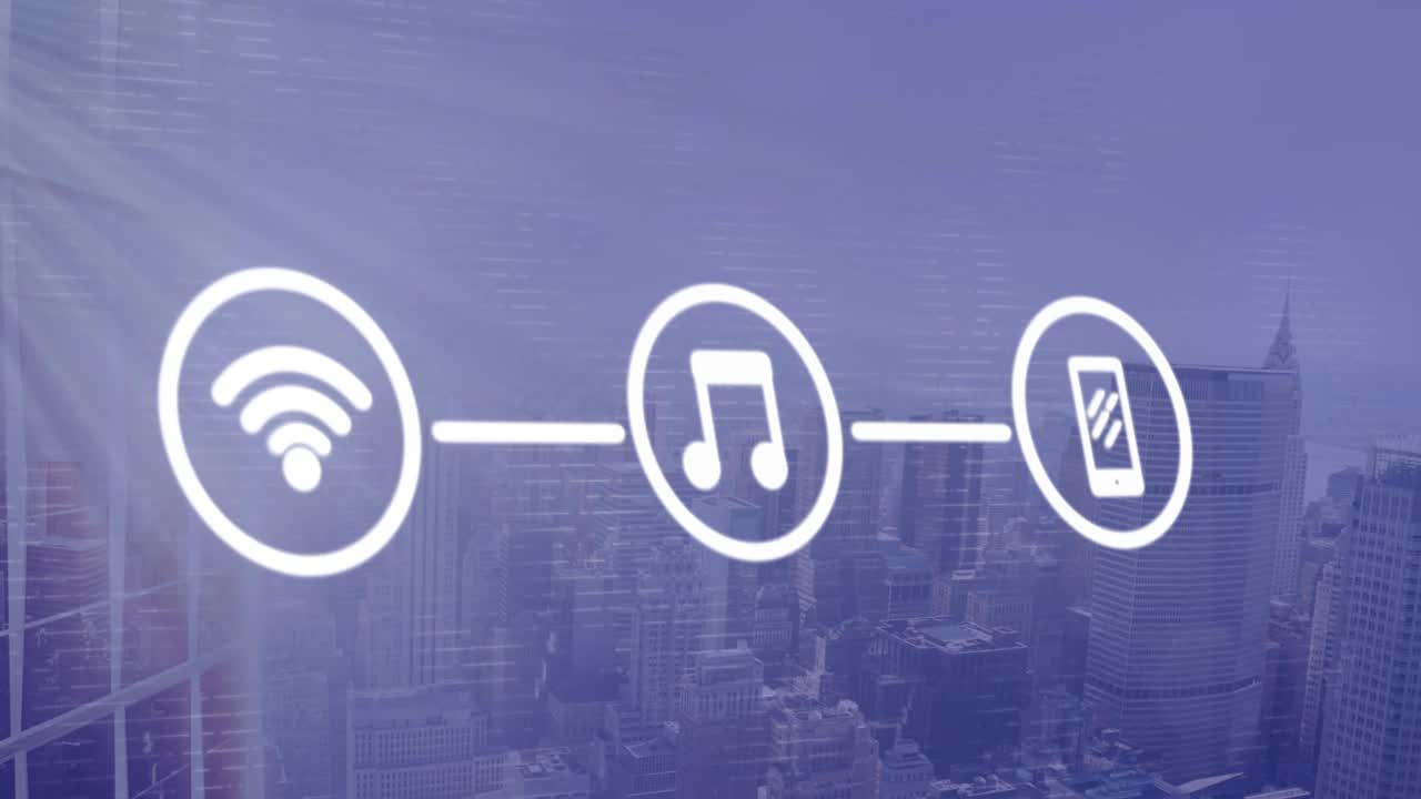 animación de iconos digitales sobre el fondo del paisaje urbano