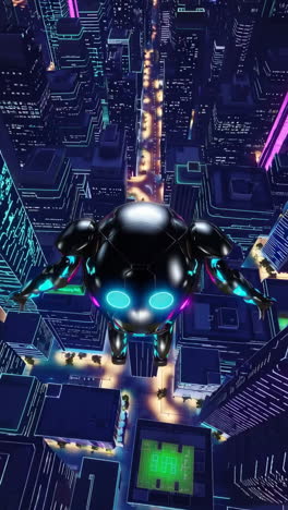 futuristic robot flying over neon city at night