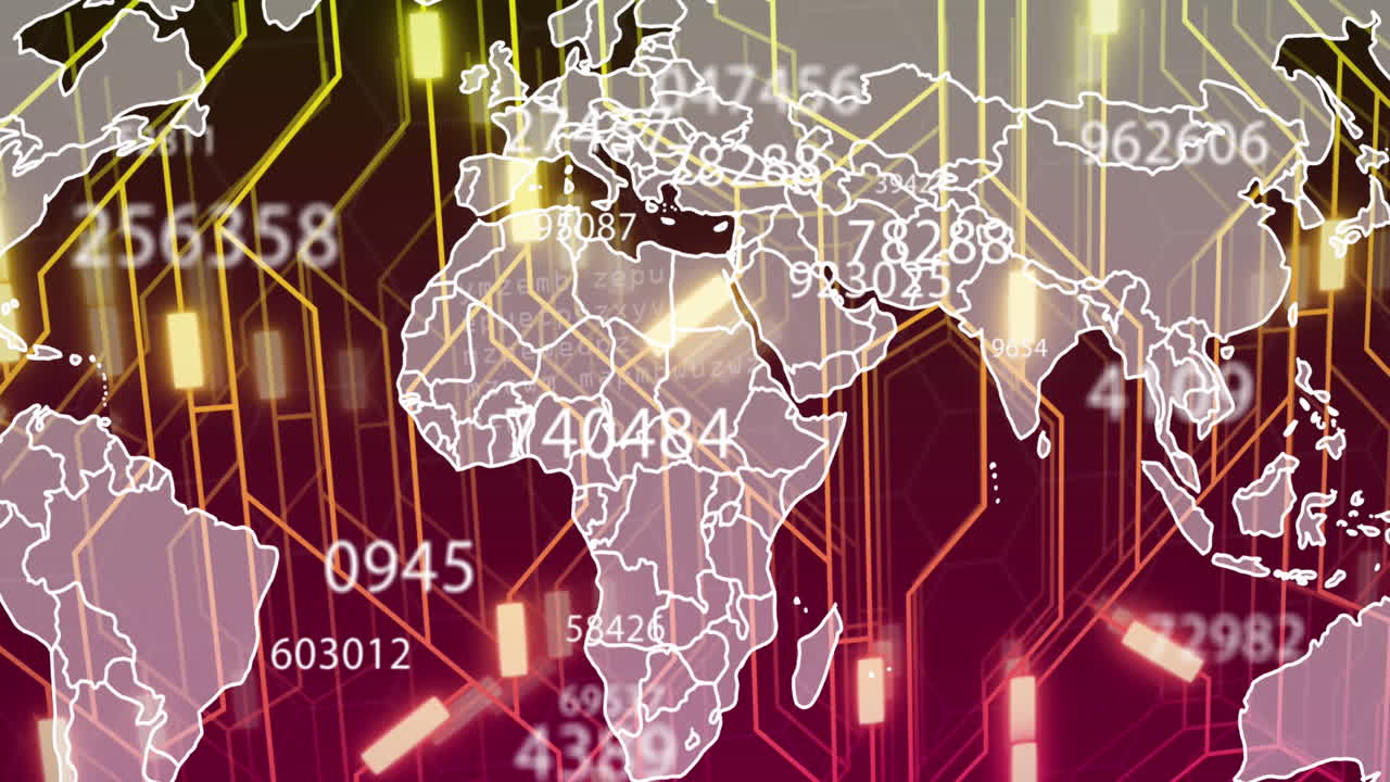 animación de números cambiantes sobre un patrón iluminado en líneas sobre el mapa y el lenguaje informático