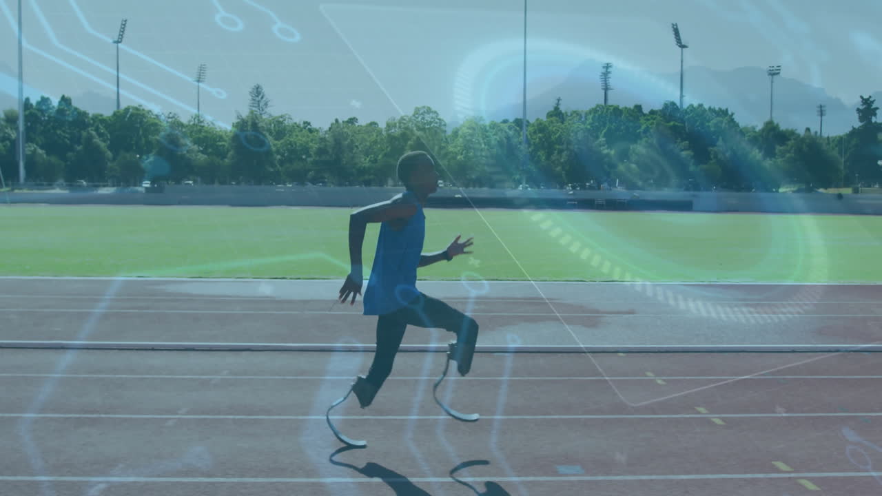 Athlete running on track with digital data processing animation overlay