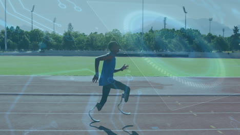 athlete running on track with digital data processing animation overlay