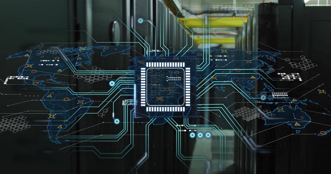 Central holo chip appearing in server aisle sending traces connecting map nodes and showing network