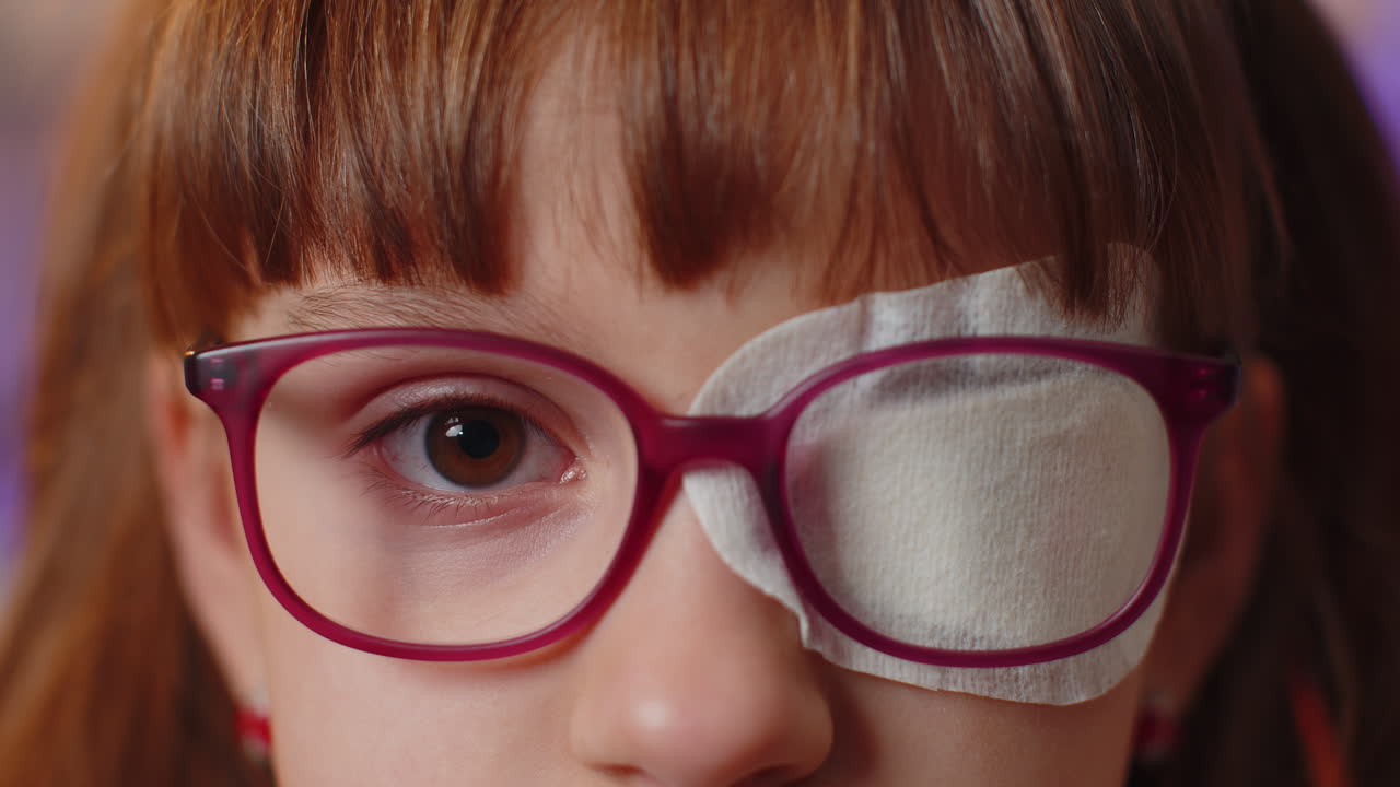 Sick ill toddler girl with protective bandage plaster on eye looking at camera injury trauma blind