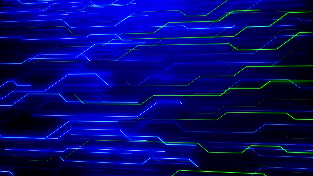 Neon circuit line motion visual with blue and green glowing paths fast tech streaks and dark digital