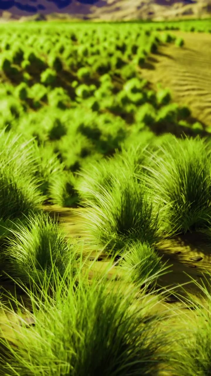 Green grass grows on sandy soil in a field under bright sunlight