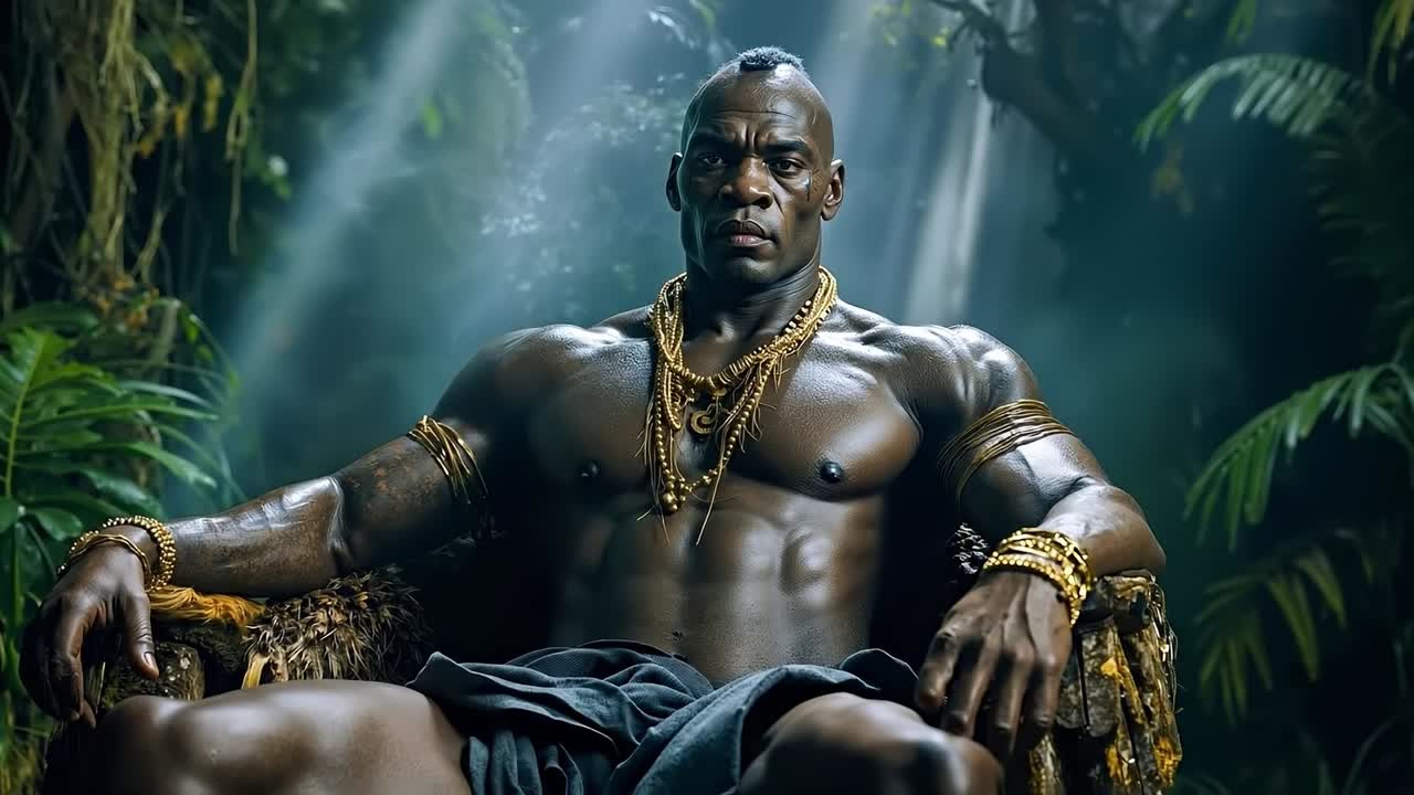 A shirtless man sitting on a throne in the jungle