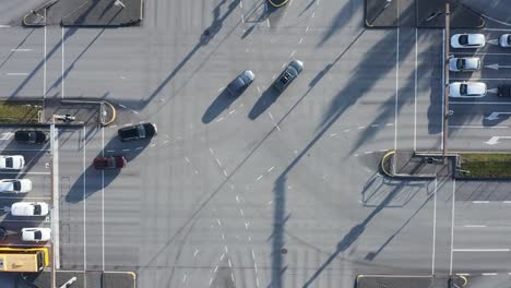 cars turning left on large intersection in reykjavik, top down aerial