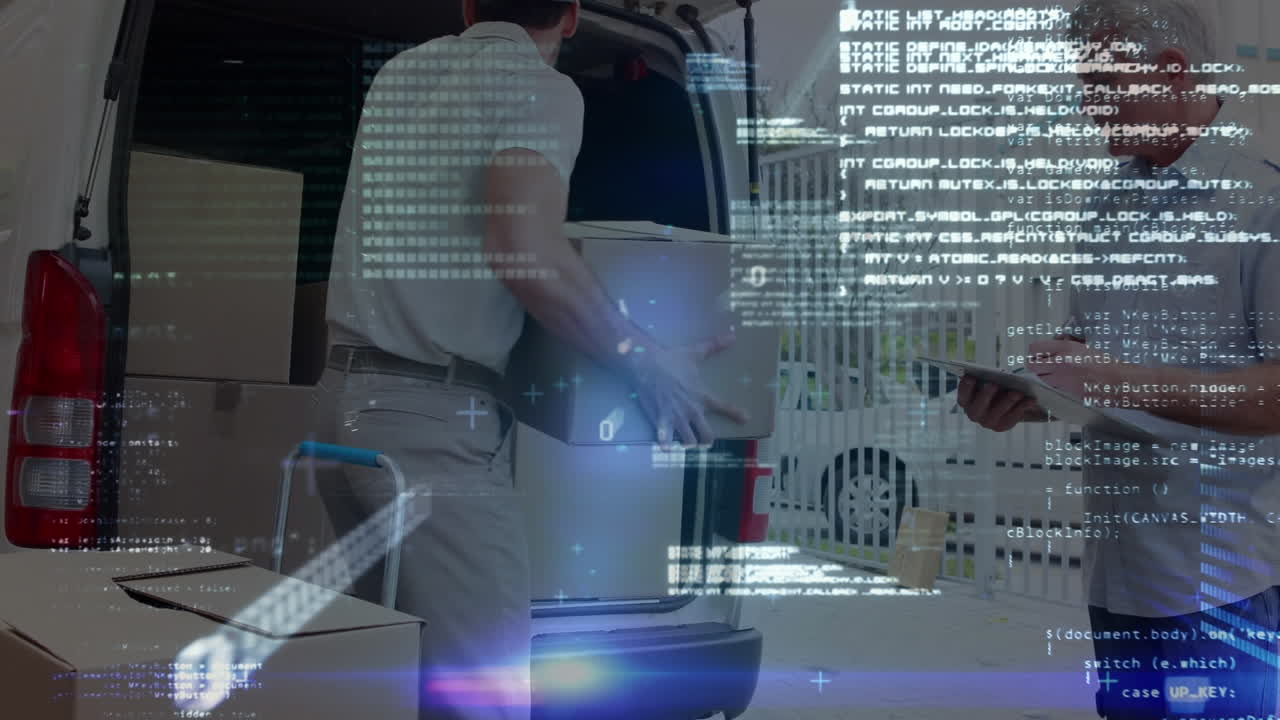 두 명의 배달 남자에 대한 데이터 처리의 애니메이션