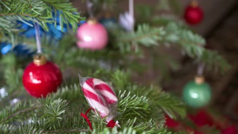 detalladas ramas de pinos de navidad adornadas con numerosas bolas de colores de navidad adornos y dulces durante la temporada de invierno