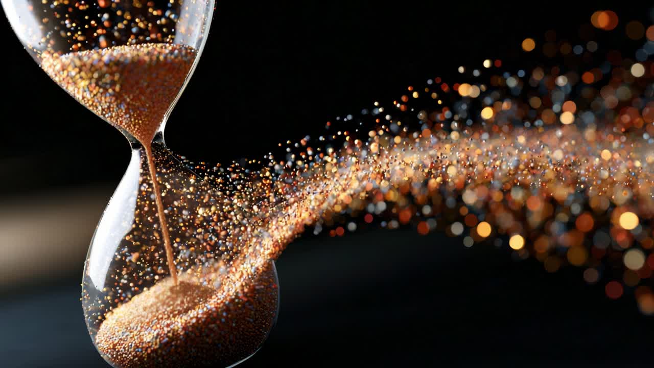 A Stunning Capture of an Hourglass Releasing Glittering Sand, Symbolizing Time's Passage and the Beauty Within Moments, Enhanced by a Play of Light and Color