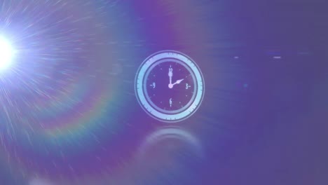 animation of rotating safe lock with clock over light trail on blurred background