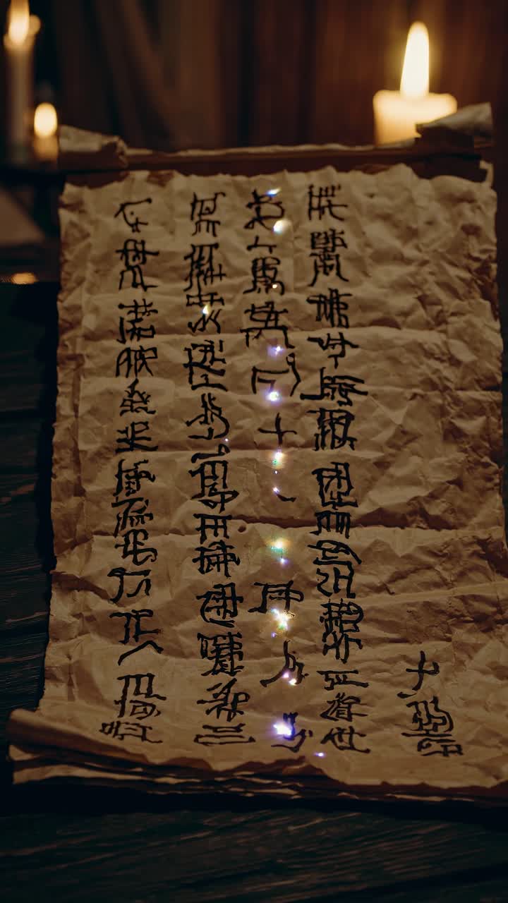 Close-up video of an ancient scroll with glowing runes, lit by candlelight
