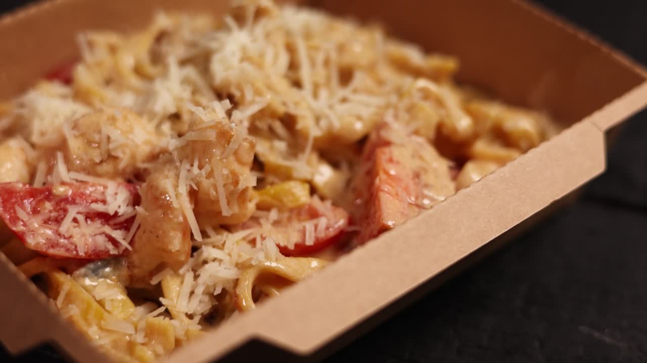 Fettuccine Alfredo al pollo in una scatola da asporto