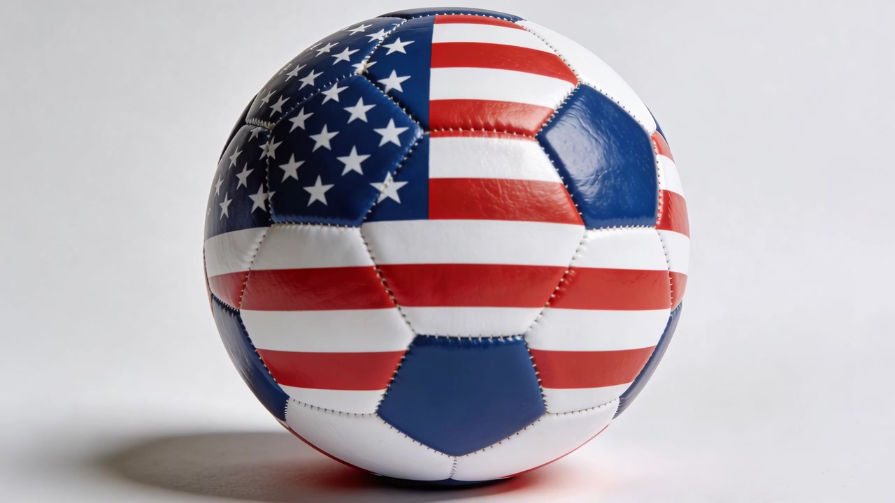 Bola de futebol brilhante com a bandeira americana iniciando uma rotação lenta em uma mesa branca, mostrando o campo de estrelas.