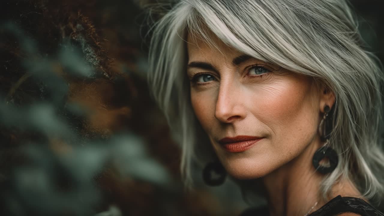 Un ritratto affascinante di una donna aggraziata con i capelli argentei, che irradia sicurezza e compostezza su uno sfondo naturale lussureggiante in uno stile fotografico artistico