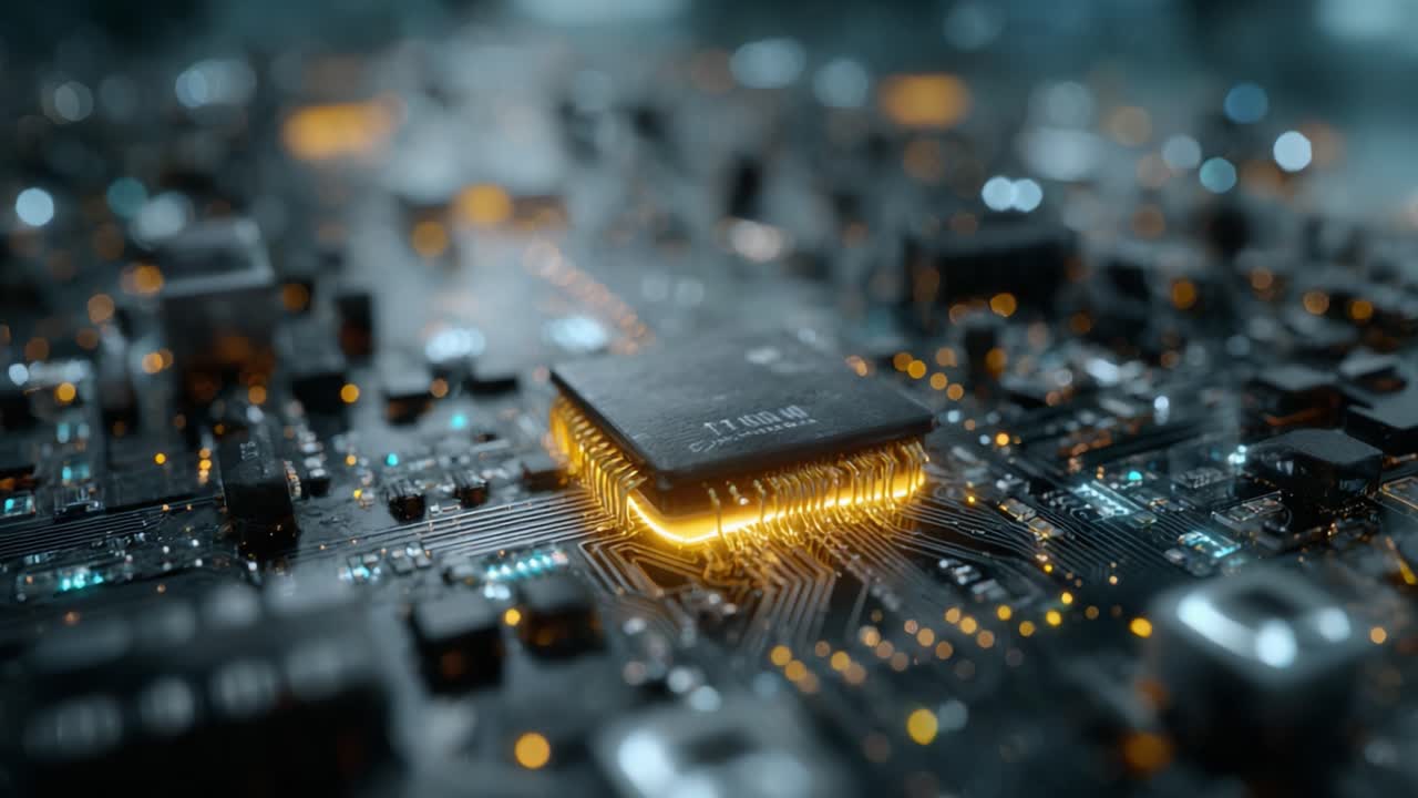Intricate Close-Up of a Modern Microchip on a Circuit Board, Showcasing Its Detail and the Flow of Electricity Through the Connections in a High-Tech Environment
