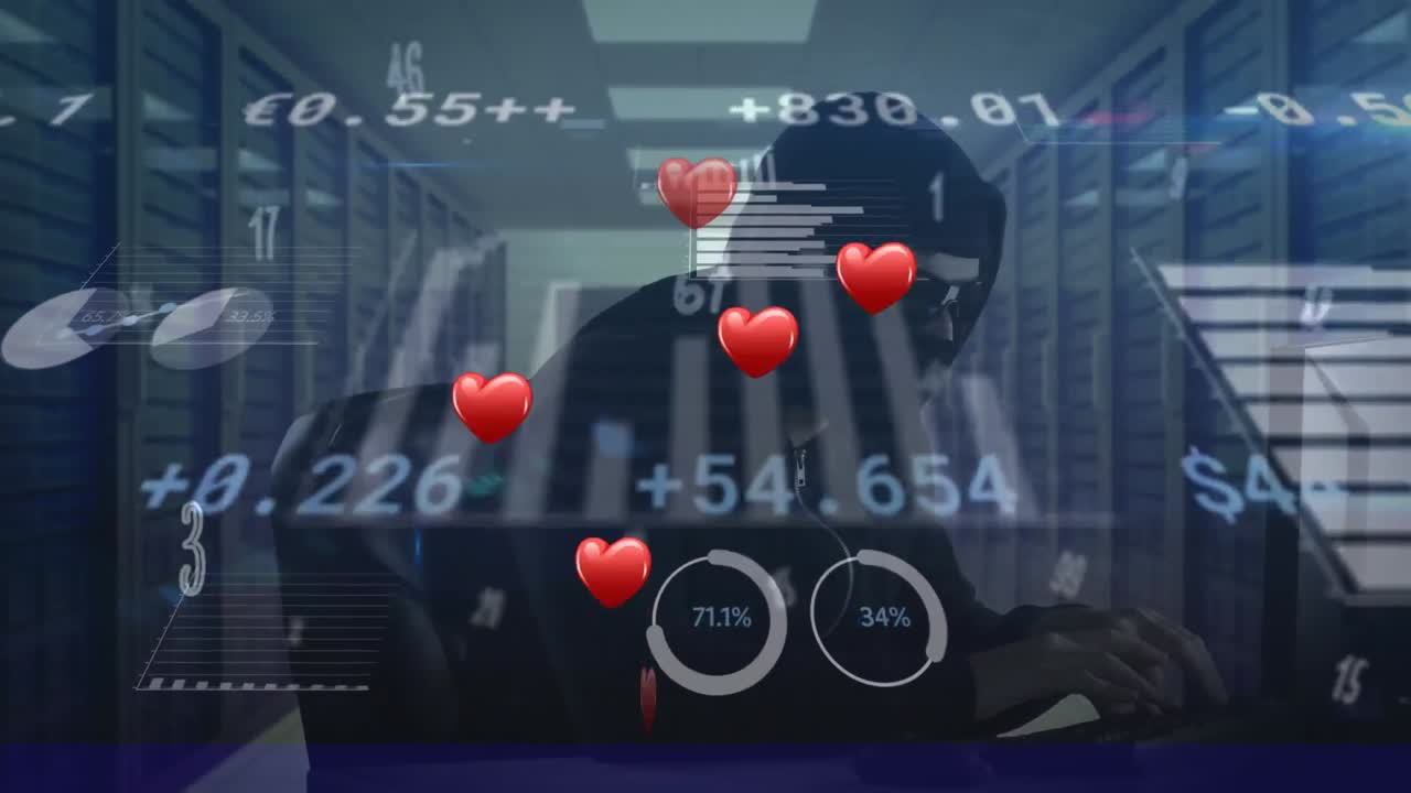 백인 남성 해커와 하트 오버 서버  ⁇ 의 애니메이션