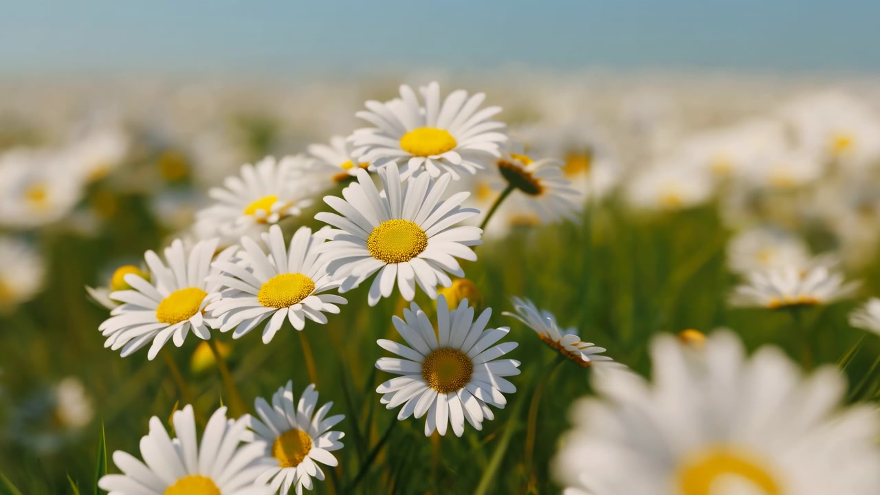 Fiori di margherita bianchi con centri giallo brillante ondeggiano dolcemente in un prato illuminato dal sole. La calda luce naturale del giorno mette in risalto i petali delicati mentre steli verdi e fiori leggermente sfocati riempiono lo sfondo.