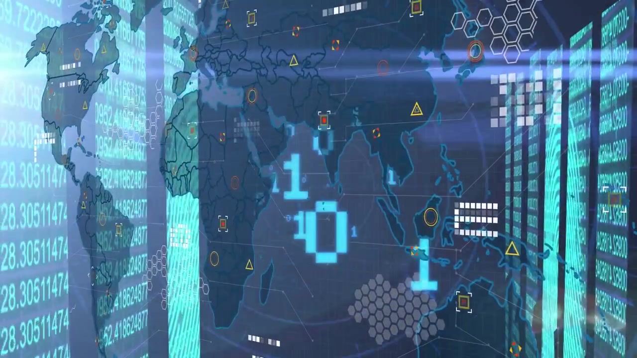 Animation of data processing on screens over world map