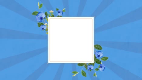 Weißes-Quadrat-Mit-Blättern-Und-Blüten-über-Rotierenden-Blauen-Streifen