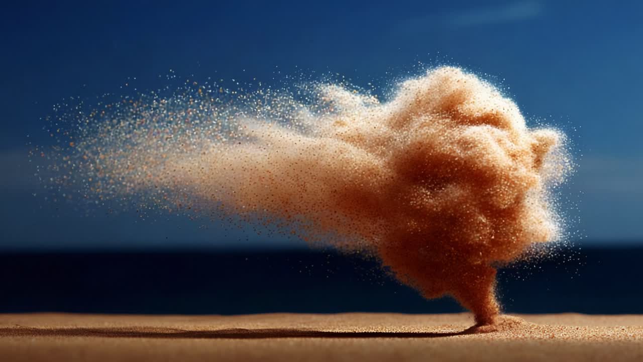 A mesmerizing display of swirling sand, captured in two stunning frames, showcases the beauty of nature's elements as they dance under a vibrant blue sky by the coast