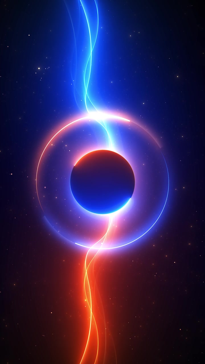 Fundo de onda de esfera cósmica neon com trilhas de luz azul e laranja, brilho circular e estrelas flutuantes