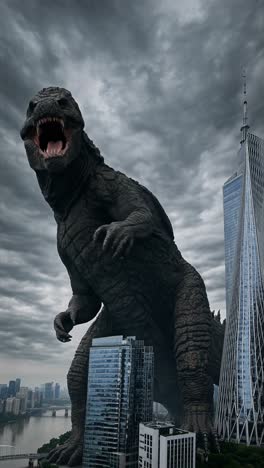 gigantic monster roaring amidst towering urban skyscrapers, surrounded by dark, stormy clouds, unleashing chaos and destruction in a cinematic scene of apocalyptic mayhem