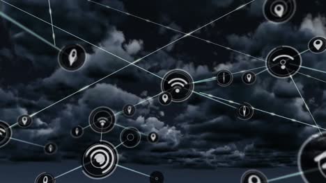 Animation-of-network-of-connections-over-clouds-in-sky