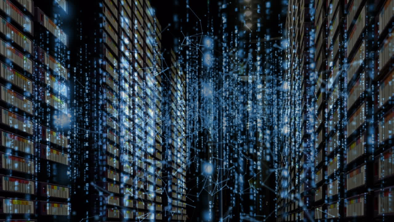Animation of glowing spots and data processing over server room
