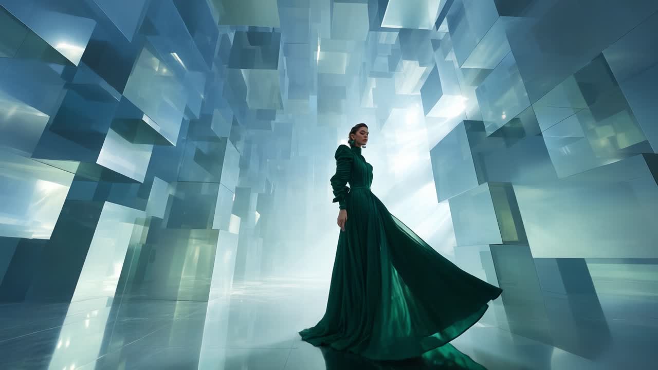 A Captivating Woman in a Stunning Green Dress Stands Gracefully Amidst an Ethereal Landscape of Light and Reflection, Surrounded by Translucent Cubes that Radiate a Dreamlike Ambience and Atmosphere