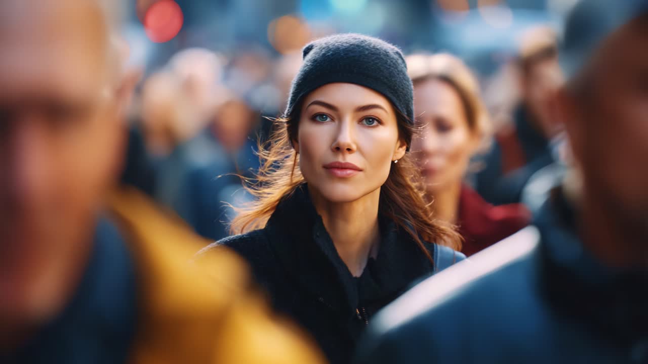 Una giovane donna risalta in una strada affollata della città, catturando l'attenzione tra i volti sfocati dei pendolari che la circondano
