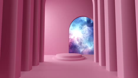 animation of pink corridor with doorway and clouds with copy space on pink background