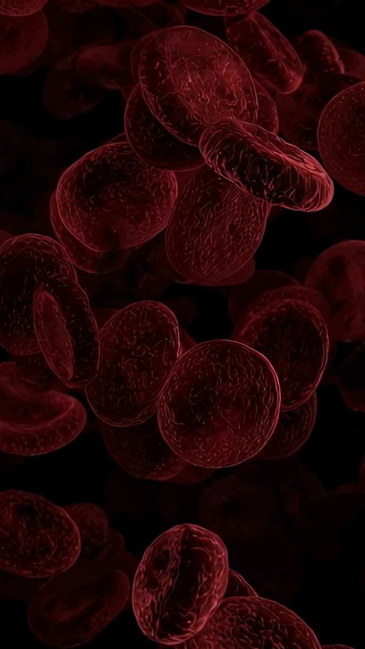 Vertical video: Emerging red blood cells clustering and swirling inside capillary, showing flow
