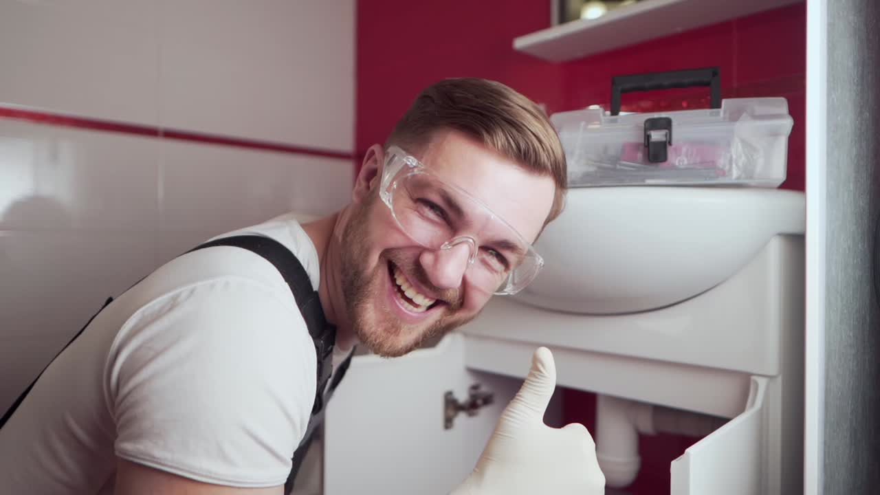 작업복을 입은 배관공과 엄지손가락을 치켜드는 고글