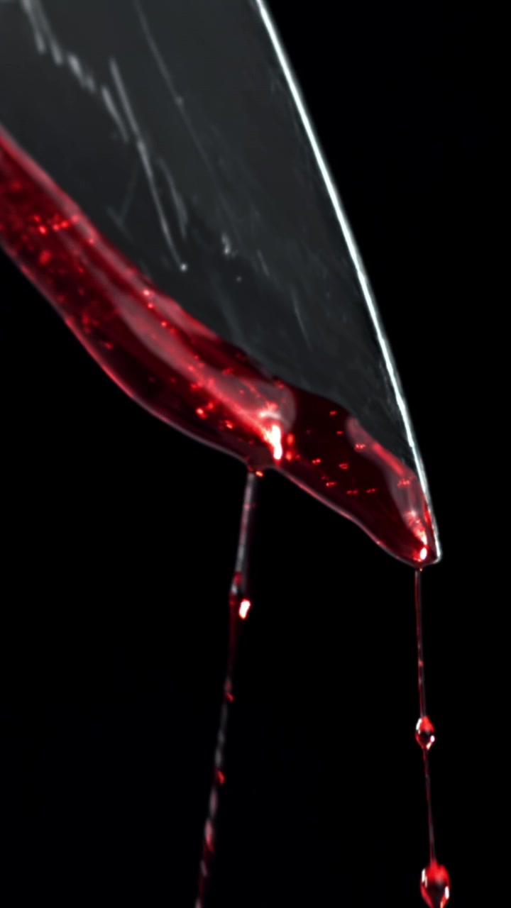 Sangue rosso che gocciola lungo la lama affilata di un coltello su sfondo nero