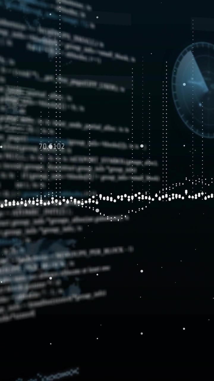 Tech analytics HUD receiving metrics, dots reclustering into moving dip, radar pulsing monitoring