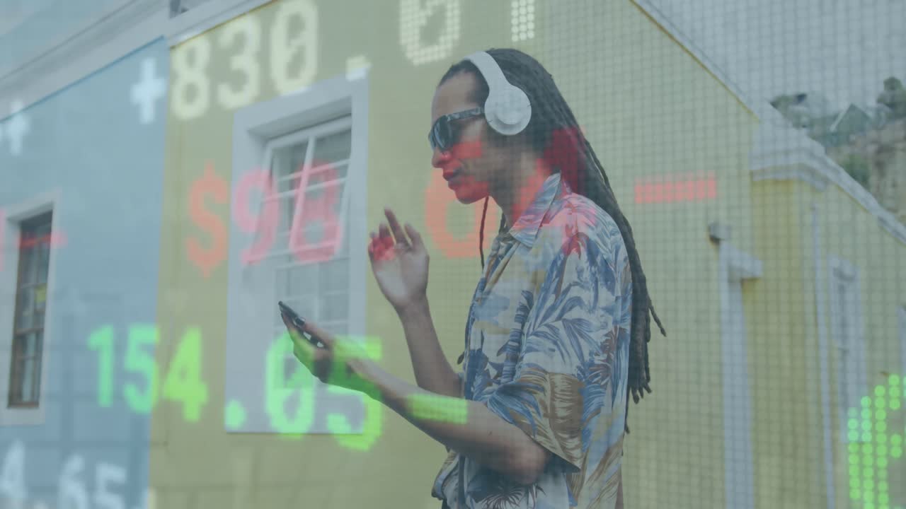 거래 보드의 애니메이션, 헤드폰을 착용하고 드폰을 사용하여 음악을 듣는 두 인종의 남자