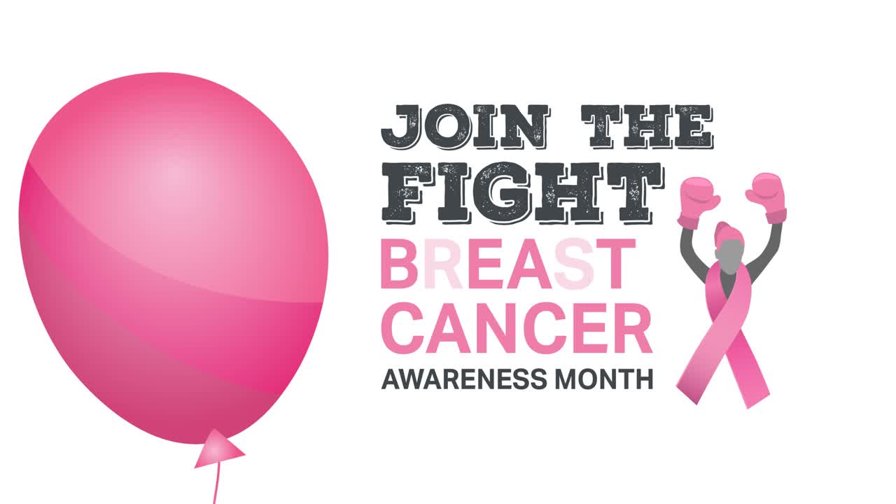 분홍색 리본 로고와 유방암 텍스트 위에 날아다니는 분홍색 풍선의 애니메이션