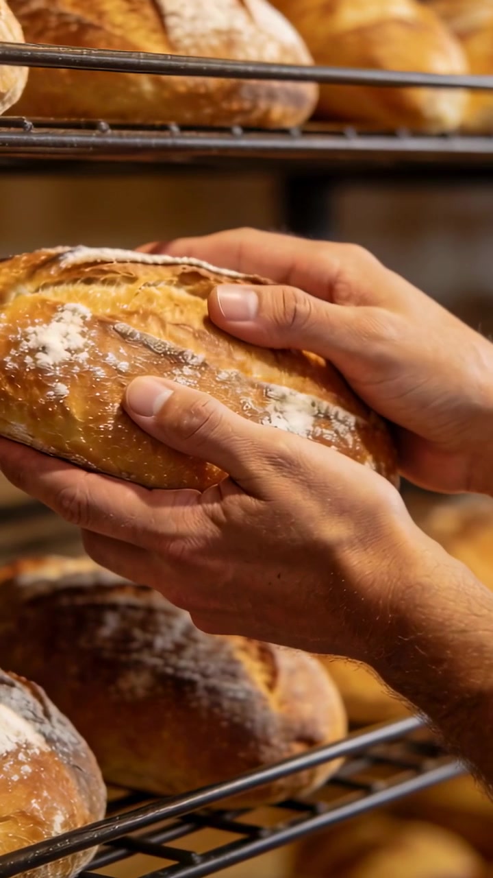 Vertical video: Seeing artisan loaf, bare-armed hands lifting and turning at rack checking doneness