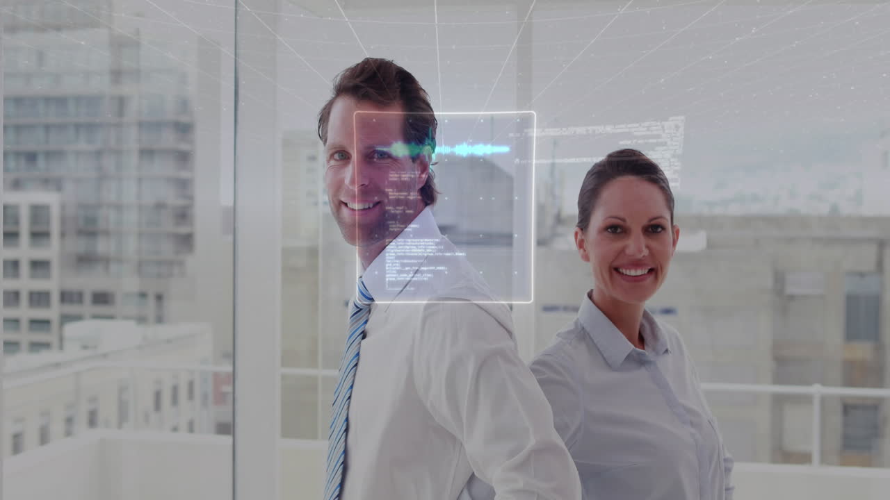 animación del procesamiento de datos financieros sobre diversas personas de negocios en la oficina