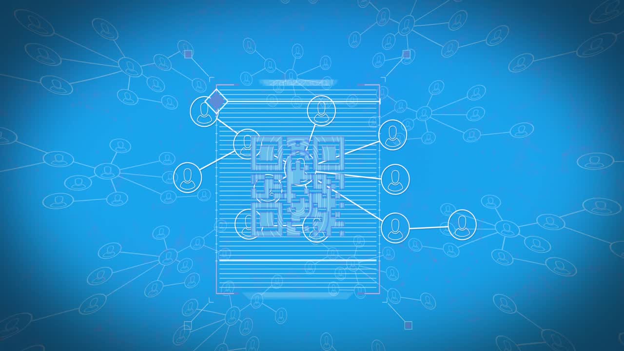 Animation of qr code, connections and scanning on blue background