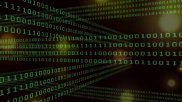 Animation von Binärcodierung und digitaler Datenverarbeitung auf dunklem Hintergrund.