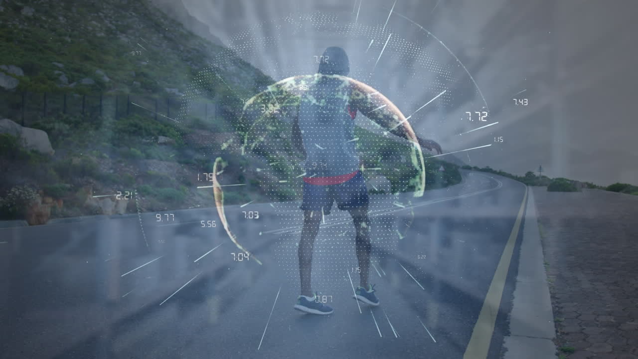 Animation of light trails over spinning globe against african american fit man running on the road