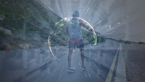 animation of light trails over spinning globe against african american fit man running on the road